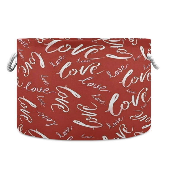 Collapsible 20" Round Storage Basket with Handles Laundry Hamper Open Storage Bins Text Love Pattern