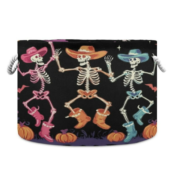 Collapsible 20" Round Storage Basket with Handles Laundry Hamper Open Storage Bins Three Cute Skeletons