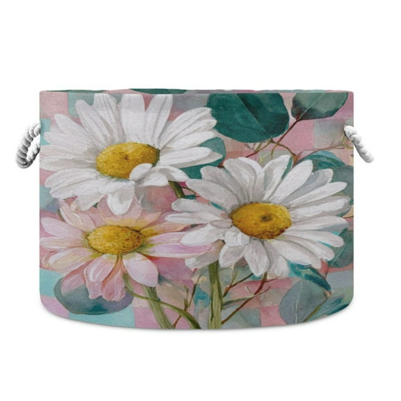 Collapsible 20" Round Storage Basket with Handles Laundry Hamper Open Storage Bins Three Large White Daisies