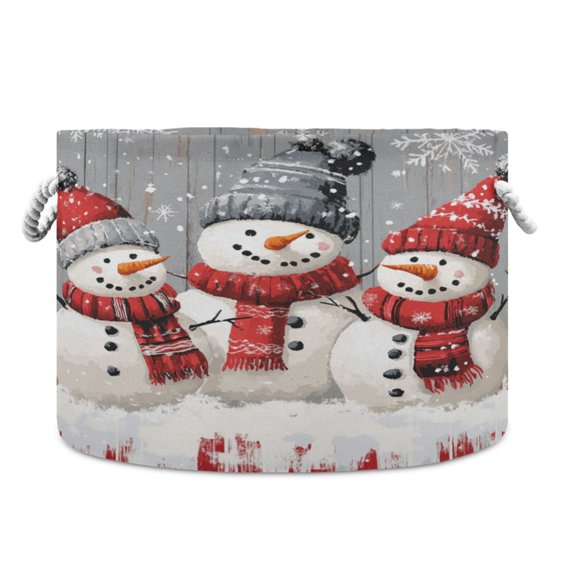 Collapsible 20" Round Storage Basket with Handles Laundry Hamper Open Storage Bins Three Snowmen
