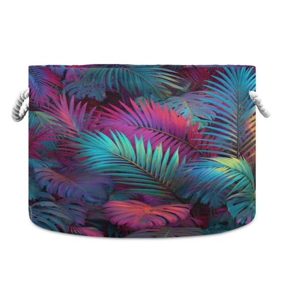 Collapsible 20" Round Storage Basket with Handles Laundry Hamper Open Storage Bins Vibrant and Shimmering Jungle