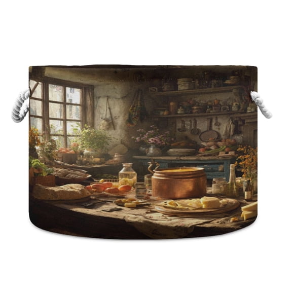 Collapsible 20" Round Storage Basket with Handles Laundry Hamper Open Storage Bins Vintage Kitchen Scene