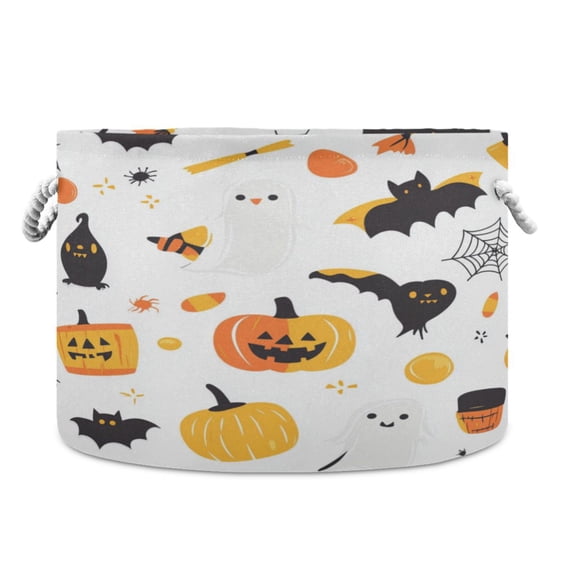 Collapsible 20" Round Storage Basket with Handles Laundry Hamper Open Storage Bins White Background Halloween Pattern