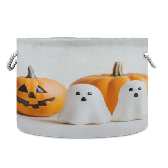 Collapsible 20" Round Storage Basket with Handles Laundry Hamper Open Storage Bins White Ghost and Orange Pumpkins