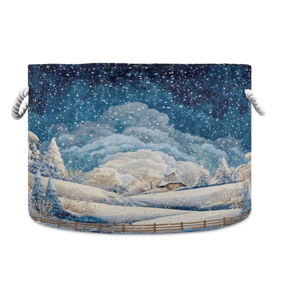 Collapsible 20" Round Storage Basket with Handles Laundry Hamper Open Storage Bins Winter Fairyland Scene
