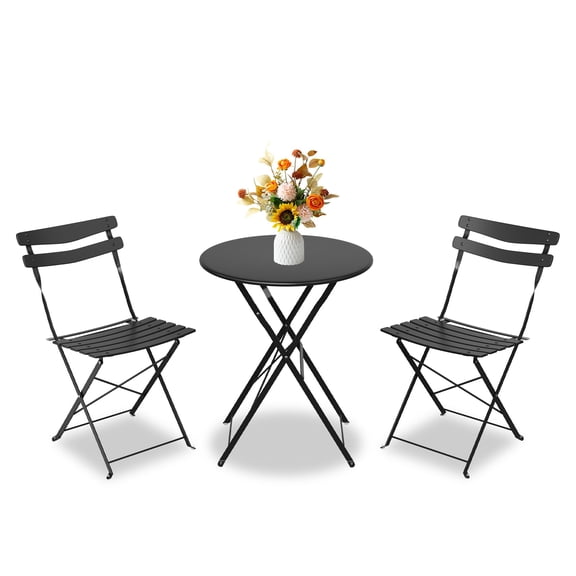 Collapsible 3-Piece Metal Patio Bistro Set – No Assembly, Space-Saving Outdoor Table & 2 Chairs, Sturdy Collapsible Garden Furniture for Balcony, Porch, or Yard, Easy Storage – Old Black