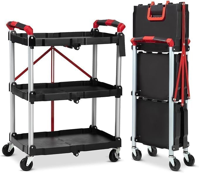Collapsible 3-Tier Rolling Utility Cart Lockable Wheels Collapsible, Heavy-Duty Service Cart 56 lbs Per Shelf, Ideal for Home, Office, Garage, Warehouse