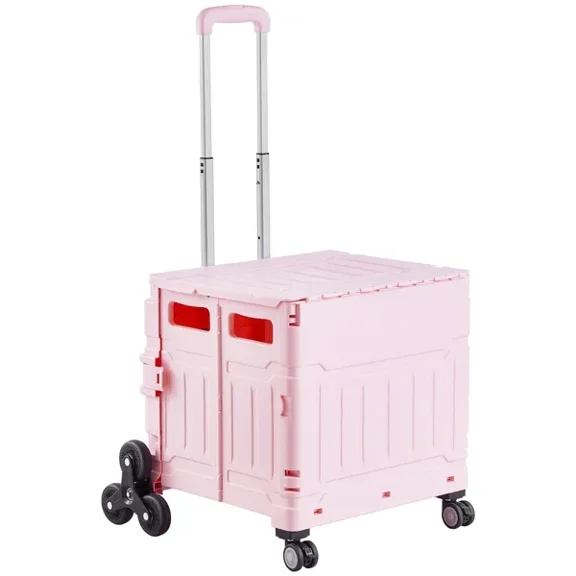 Collapsible 65L Foldable Utility Cart with Stair Climbing Wheels and Swivel Wheels,Portable Hand Cart with Telescoping Handle for Shopping and Moving,Pink