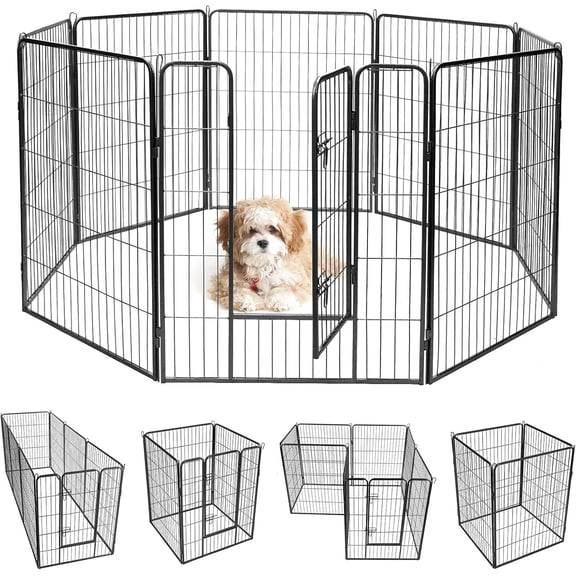 Collapsible 8-Panel Metal Pet Enclosure, 48" or 40" Height for Indoor or Outdoor Use, Includes Entry Gate for Dogs, Cats, Rabbits, and Small Pets