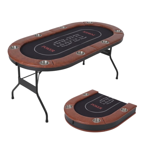 Collapsible 8 Player Poker Table  No Assembly Needed, Deep Cup Holders, Padded Armrest  Portable Texas Holdem & Blackjack Card Table for Home Casino Nights  Brown Edge Black Base