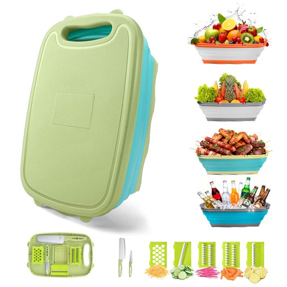 Collapsible 9-in-1 Chopping Board Colander Basket Blue Green For Camping Kitchen