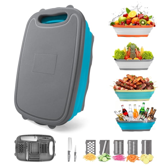 Collapsible 9-in-1 Chopping Board with Colander Blue Gray