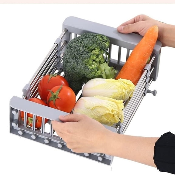 Collapsible Adjustable Dish Rack, Stainless Steel Space-Saving Drainer for Sink & Countertop | Expandable with Fruit/Vegetable Holder, Rust-Proof, Easy Store, Grey