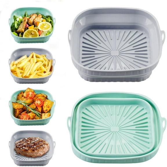 Collapsible Air Fryer Silicone Liners, 2 Pcs Foldable, Easy To Clean 8" Round Reusable Silicone Airfryer Liners, Fit for Air Fryer 5QT or Bigger (Grey+Green)