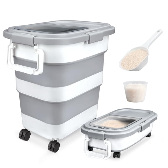 Collapsible Airtight Rice Storage Container, 10-40 lb Capacity Rice Dispenser Bin with Cup & Scoop, Pet Dog Food Storage Container 25lb, for Flour Cereal Pasta Grain