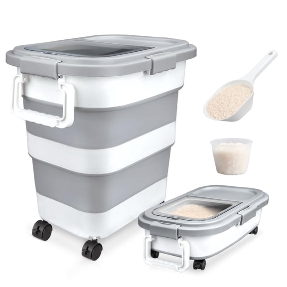 Collapsible Airtight Rice Storage Container, 10-40 lb Capacity Rice Dispenser Bin with Cup & Scoop, Pet Dog Food Storage Container 25lb, for Flour Cereal Pasta Grain
