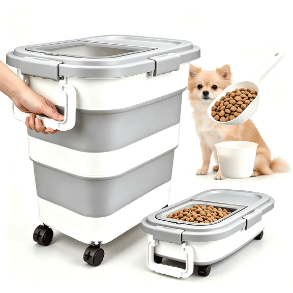 Collapsible Airtight Rice Storage Container, 10-40 lb Capacity Rice Dispenser Bin with Cup & Scoop, Pet Dog Food Storage Container 25lb, for Flour Cereal Pasta Grain