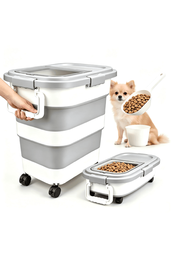 Collapsible Airtight Rice Storage Container, 10-40 lb Capacity Rice Dispenser Bin with Cup & Scoop, Pet Dog Food Storage Container 25lb, for Flour Cereal Pasta Grain