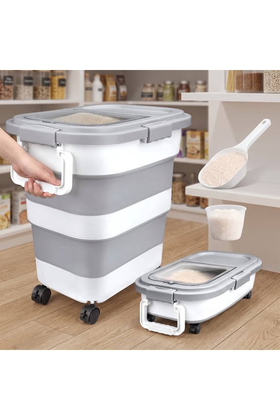 Collapsible Airtight Rice Storage Container, 10-40 lb Capacity Rice Dispenser Bin with Cup & Scoop, Pet Dog Food Storage Container 25lb, for Flour Cereal Pasta Grain