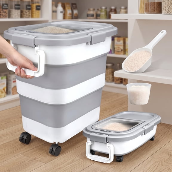 Collapsible Airtight Rice Storage Container, 10-40 lb Capacity Rice Dispenser Bin with Cup & Scoop, Pet Dog Food Storage Container 25lb, for Flour Cereal Pasta Grain