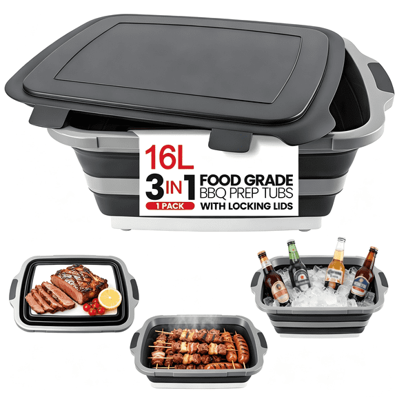 Collapsible BBQ Prep Tub 3-IN-1 Large Cutting Board Locking Lid for Meal Prep Marinating,Food Storage, picnics, camping, barbecues,cutting fruits and vegetables Colander, Dish Basin, Black