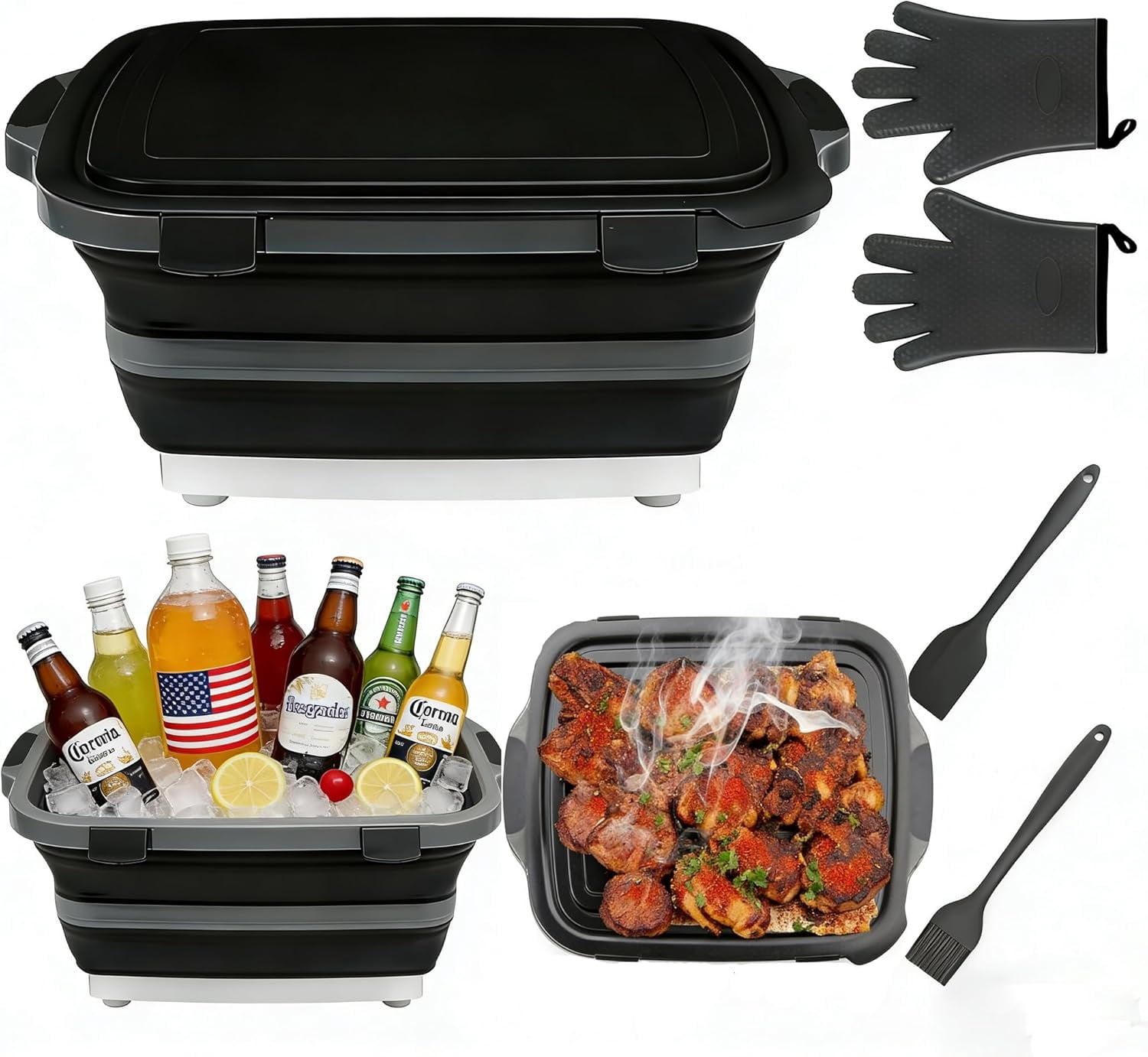 Collapsible BBQ Prep Tub with Lid & Cutting Board 16L, 5-Piece Grill ...