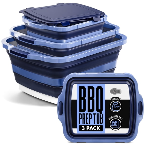 Collapsible BBQ Prep Tub with Lids and Drain Spouts, 3 Pack Portable Meat Marinating and Grilling Trays, Cutting Board Food Storage Containers for Outdoor Cooking, Camping, Tailgating and Kitchen Pre