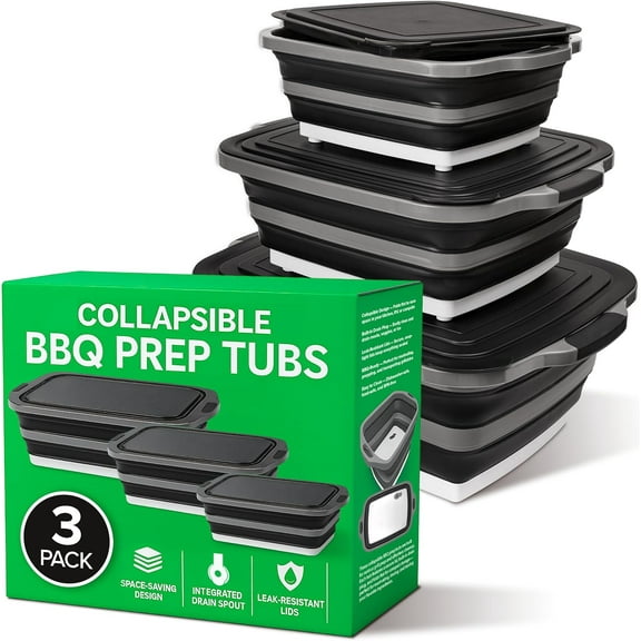 Collapsible BBQ Prep Tub with Lids and Drain Spouts, 3 Pack Portable Meat Marinating and Grilling Trays, Cutting Board Food Storage Containers for Outdoor Cooking, Camping