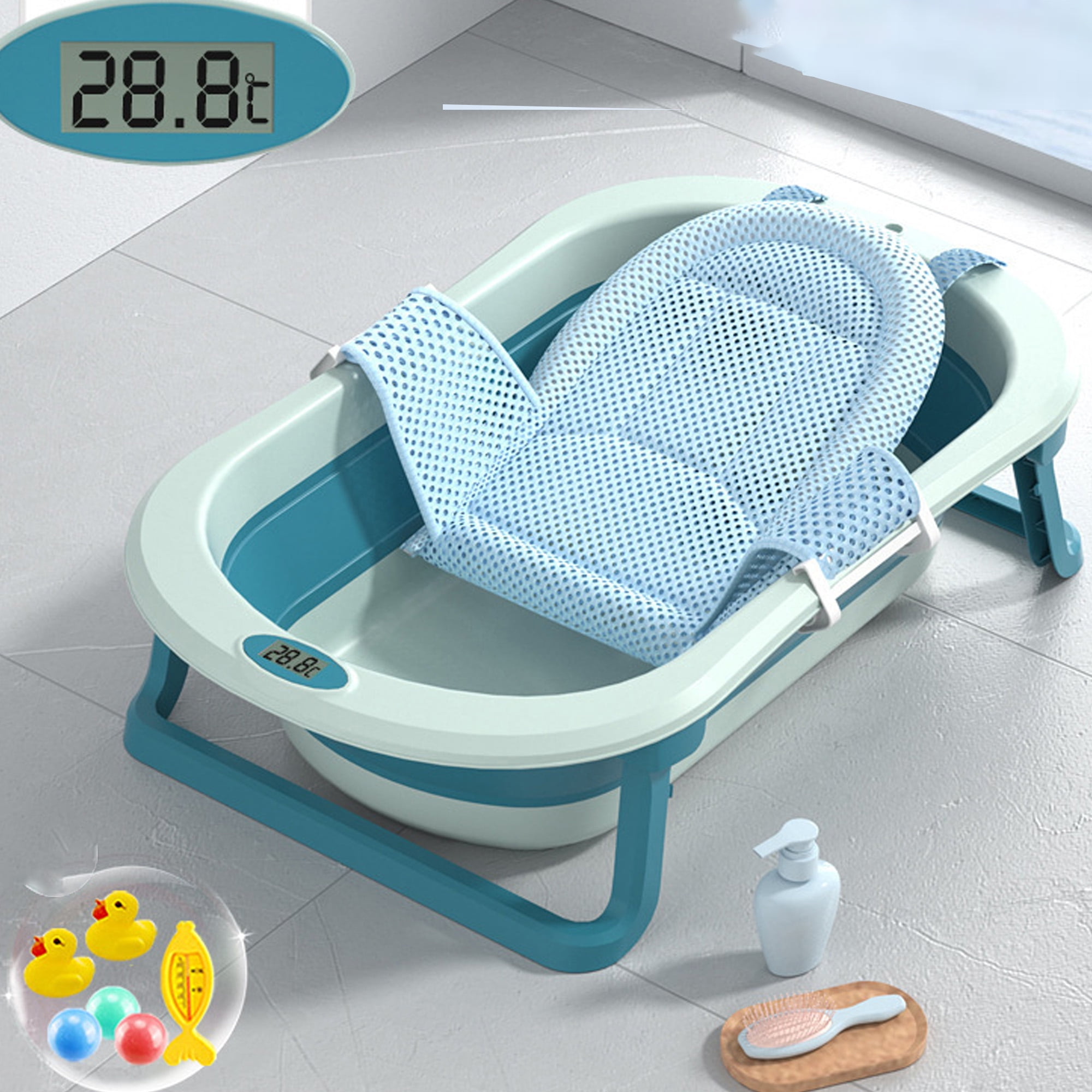 Collapsible Baby Bathtub for Newborn with Thermometer & 1 Soft Floating  Cushion & 1 Bath Net,Portable Travel Bathtub with Drain Hole, Durable  Foldable