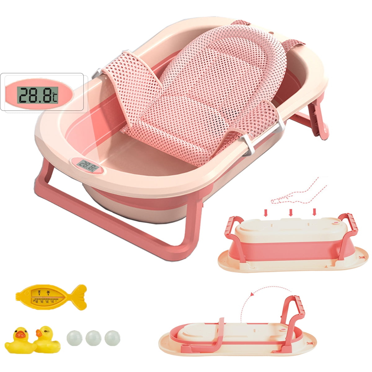 Collapsible Baby Bath Tub with Cushion & Thermometer Portable Travel