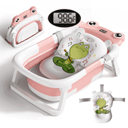 COOSEYA Collapsible Baby Bathtub with Cushion & Thermometer, Portable Bathing Tub for Newborn to Toddler (Frog/Pink)