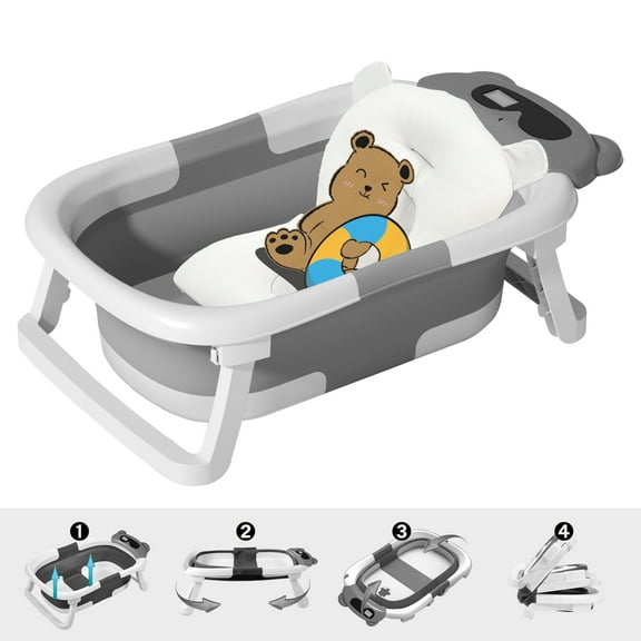 Collapsible Baby Bathtub for Infants to Toddler, Portable Travel Bathtub Multifunctional Bathtub with Drain Hole, Baby Folding Bathtub for Newborn 0-36 Month (Blue+Floating Baby Bath Cushion)