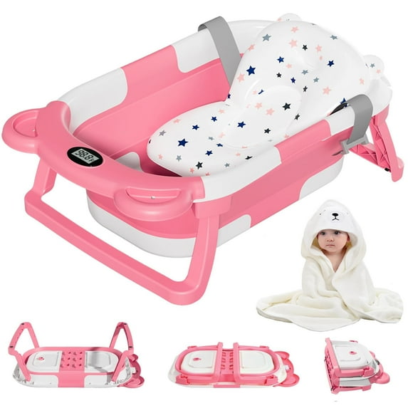 Collapsible Baby Bathtub for Newborn with Thermometer & 1 Hooded Towel & 1 Soft Floating Cushion,Portable Travel Bathtub with Drain Hole, Durable Foldable Baby Tubs for Infants to Toddler