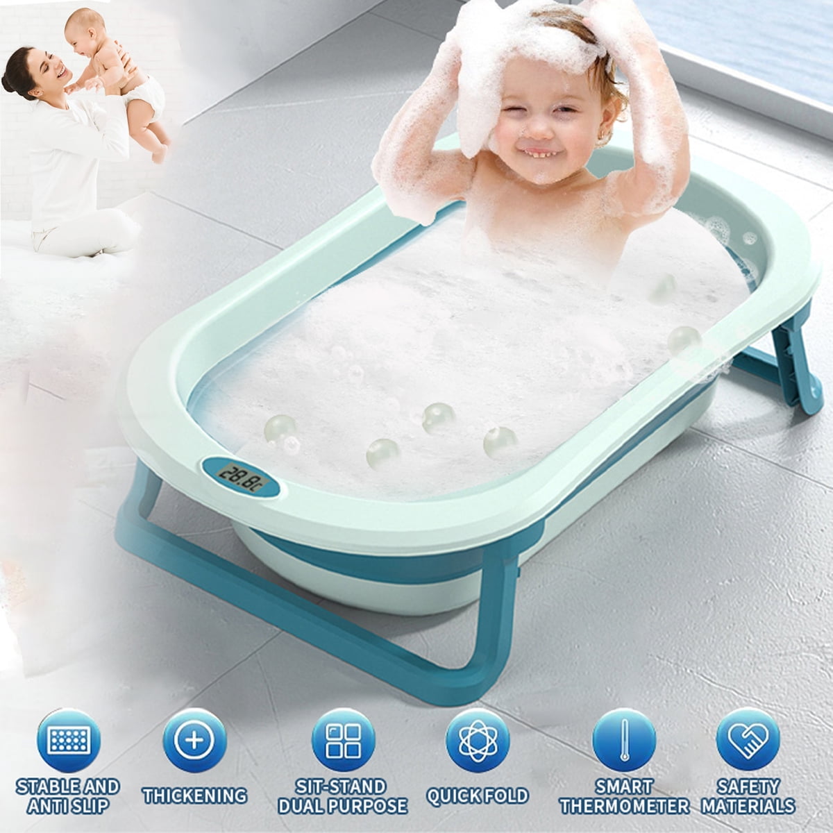 Collapsible Baby Bathtub for Infants to Toddler, Anti Slip Skid Proof  Foldable Toddler Bath Tubs with Cushion, Pink 