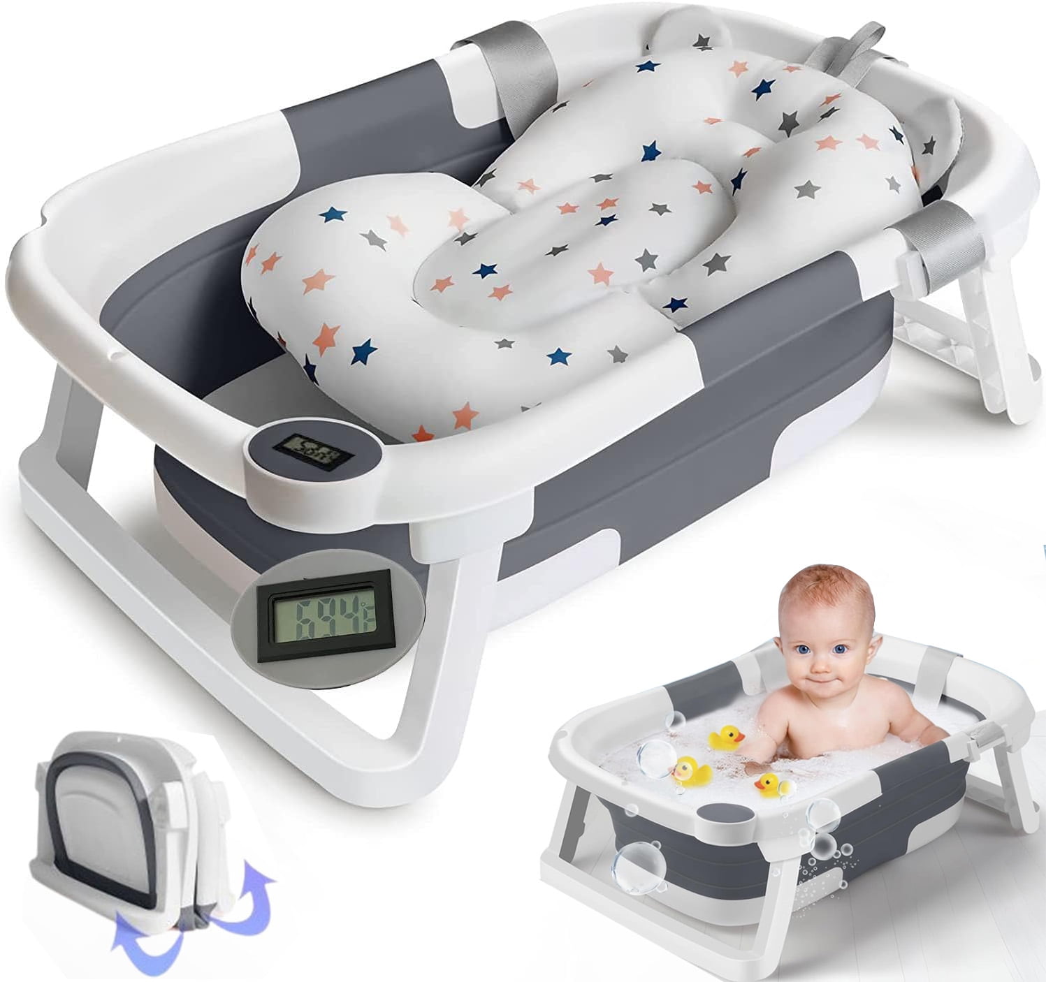 Morfone Collapsible Baby Bathtub for Newborn with Thermometer & Soft Cushion, Portable Travel Baby Tub for Infant to Toddler 0-36 Months, Gray