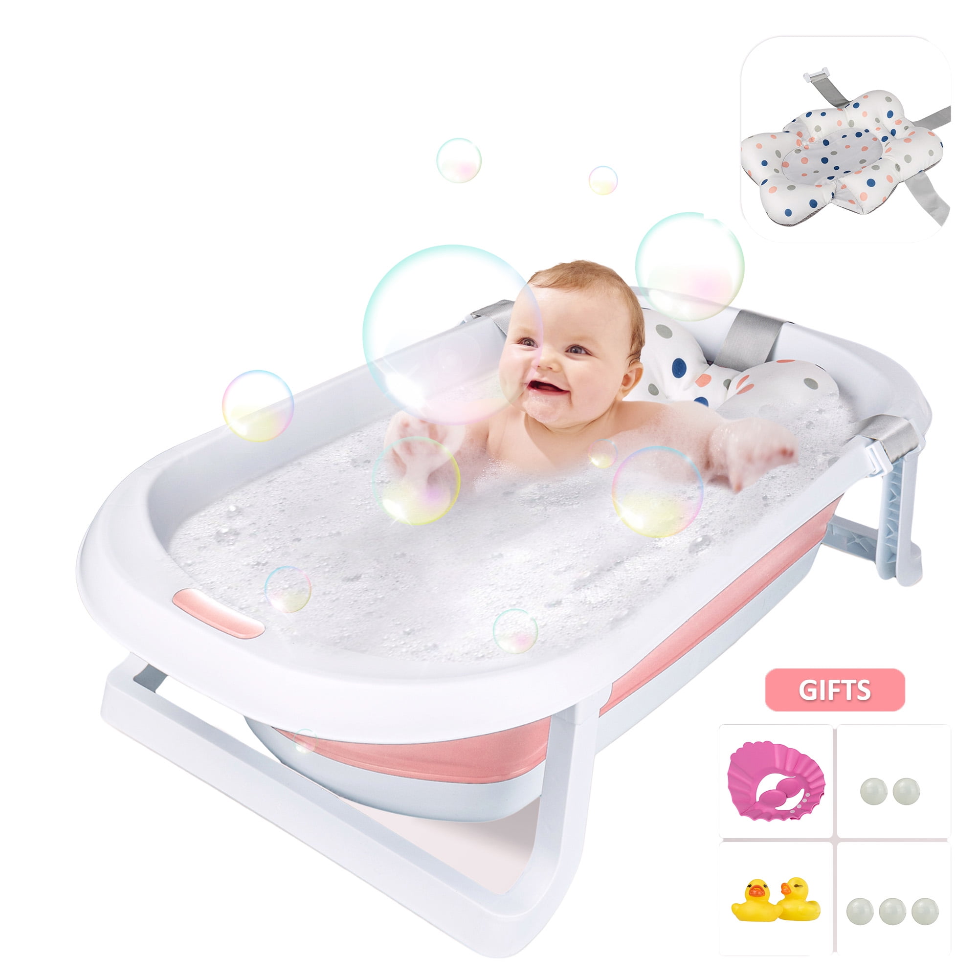 Collapsible Baby Bathtub for Infants to Toddler with Sponge Pad&Hat