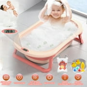 Collapsible Baby Bathtubs for Newborns to Toddler, Infants Anti Slip Foldable Bath Tub with Thermometer & Cushion, Pink