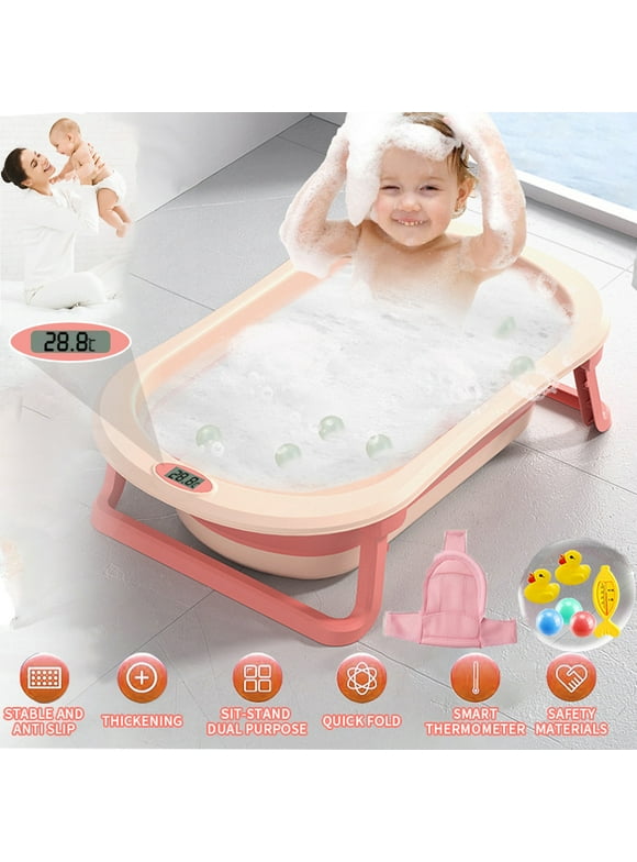 Collapsible Baby Bathtubs for Newborns to Toddler, Infants Anti Slip Foldable Bath Tub with Thermometer & Cushion, Pink