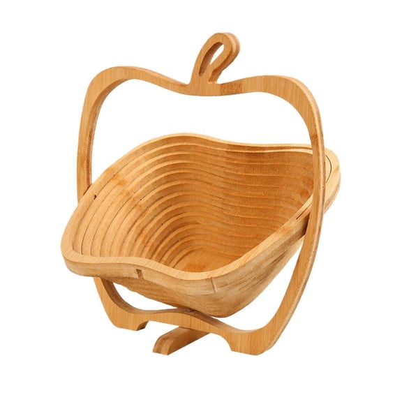 Collapsible Bamboo Fruit Basket, Apple Shaped Foldable Fruit Bowl with Rotating Base for Kitchen Counter Table, Natural, 11.81 in