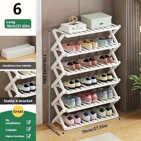 Collapsible Bamboo Shoe Rack, 5-Tier & 6-Tier Stackable, No Assembly Required, Foldable Space-Saving Shoe Organizer for Entryway, Closet & Indoor Use