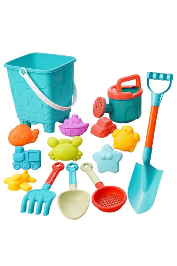 Collapsible Beach Sand Toys - 14 Piece Set with Foldable Bucket, Sifter Lid, Shovels, Rake, Diving Toys, Mesh Bag, Portable Sand Toys for Travel