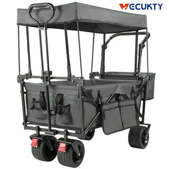 Collapsible Beach Wagon Cart with Removable Canopy, VECUKTY Foldable Wagon Utility Carts with Fat Wheels and Rear Storage, for Garden Camping Grocery Shopping Cart,Gray