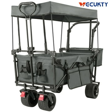 Collapsible Beach Wagon Cart with Removable Canopy, VECUKTY Foldable Wagon Utility Carts with Fat Wheels and Rear Storage, for Garden Camping Grocery Shopping Cart,Gray