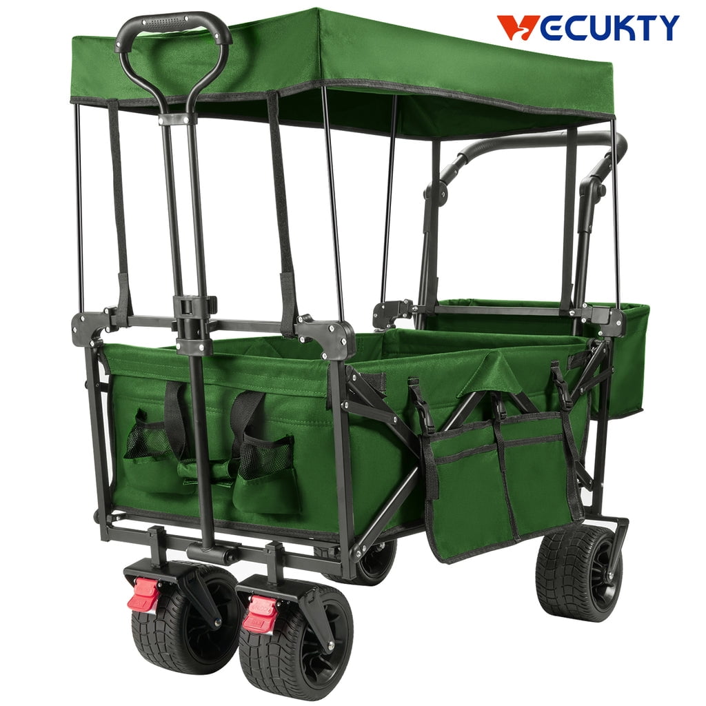 Collapsible Beach Wagon Cart with Removable Canopy, VECUKTY Foldable Wagon  Utility Carts with Fat Wheels and Rear Storage, for Garden Camping Grocery  Shopping Cart,Green 