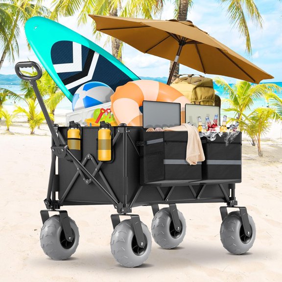 Collapsible Beach Wagon with 9 Inch All-Terrain Tires Heavy Duty Foldable Cart for Sand Camping Outdoor