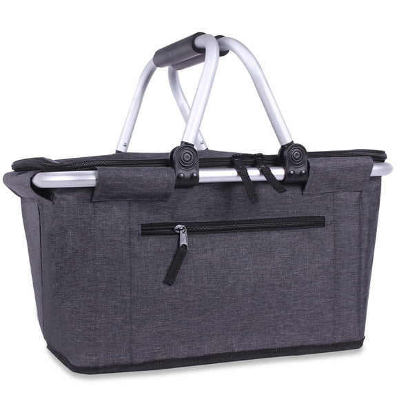 Collapsible Black Insulated Picnic Basket Tote Bag 27L Large Grocery Market Cooler