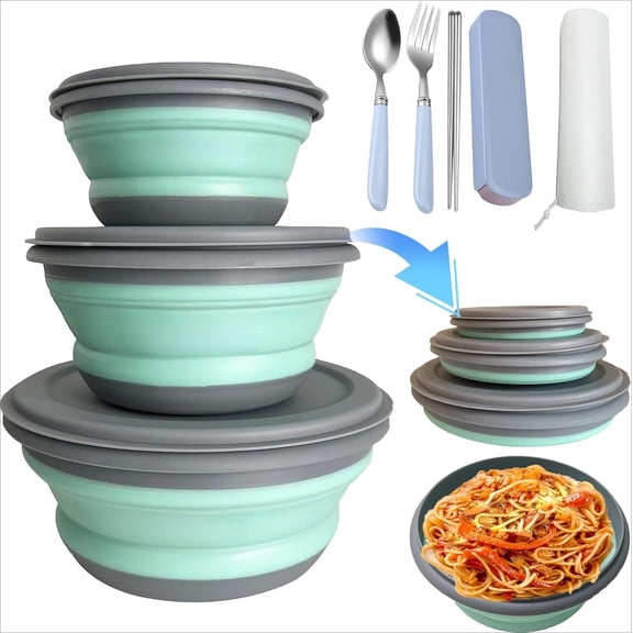 Collapsible Bowl, Silicone Collapsible Food Storage Containers with Lids for Camping,Silicone Lunch Containers, Microwave, Dishwasher and Freezer Safe (Round)