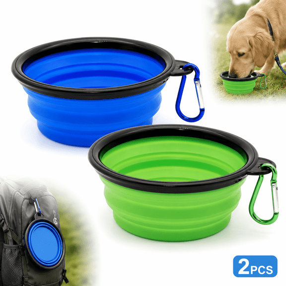 Collapsible Bowls for Dog, 2 Pack Collapsible Dog Water Bowls for Cats Dogs, Emlimny Portable Pet Feeding Watering Dish for Walking Parking Traveling with 2 Carabiners (Small, Blue+Green)
