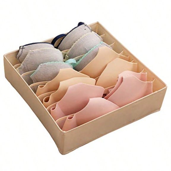 Collapsible Bra A-C Cup Drawer OrganizerDurable Cloth Storage Box Bins Dividers for Panties Underwear Socks Lingerie(Beige-7 Cells)
