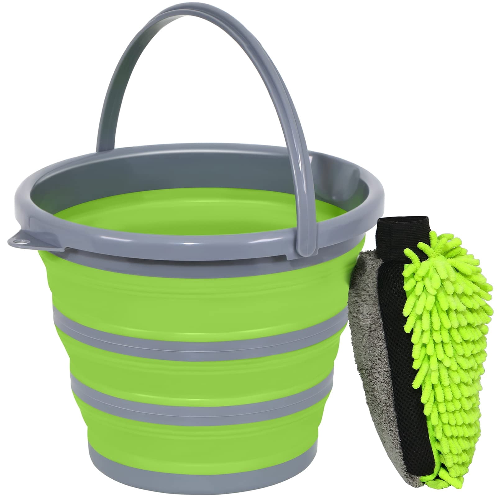 Nicecastle Collapsible Bucket with 3-in-1 Car Wash Mitt, Coral Velvet Weave Chenille Microfiber Glove Sponge, 10L (2.6 Gallon) Portable Folding Basin Pail for H